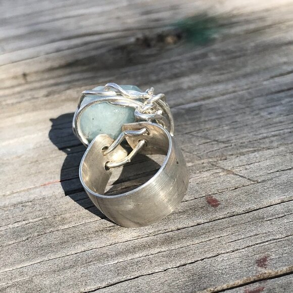 Blue Aquamarine Ring Sterling Silver 925 Statement Cigar Band Bohemian Cocktail - Picture 5 of 6